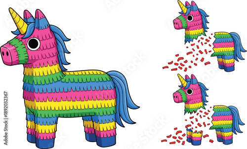 Colorful Unicorn Piñata Vector Illustration Set with Broken and Whole Views for Birthday Parties, Celebrations, Kids Events, Festive Designs, and Decorations