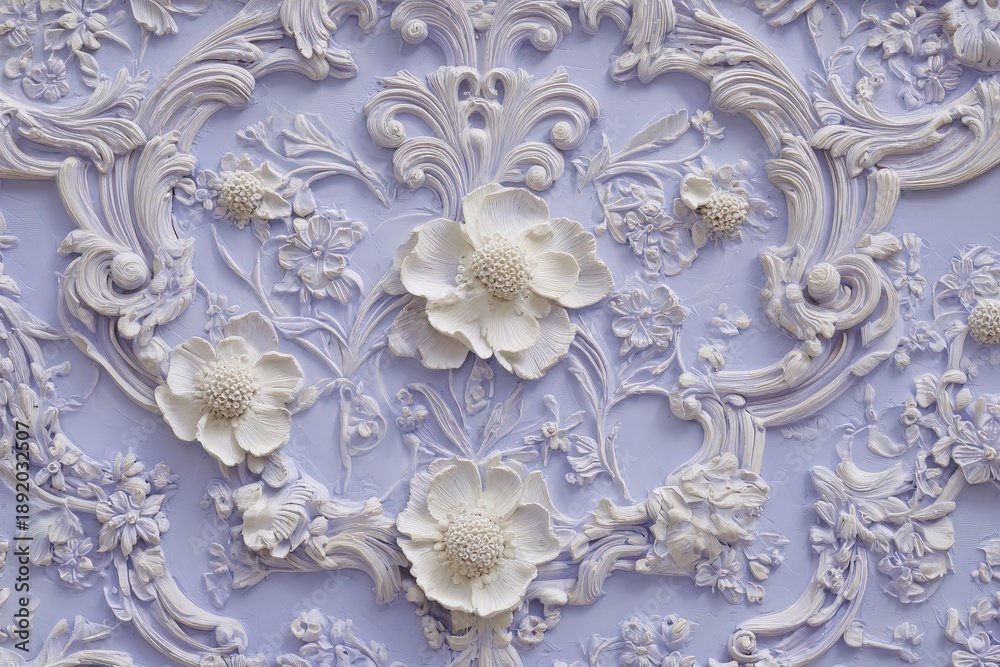 Obraz premium Intricate three dimensional floral molding decorates a pale purple wall surface