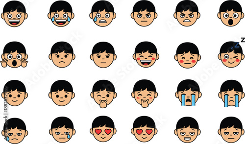 Boy Facial Expressions Vector Illustration Set Showing Different Emotions and Moods for Education, User Interface Design, Emojis, Apps, and Creative Projects
