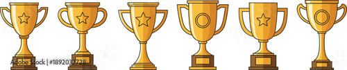 Golden trophy cup icon set with star and badge symbols for winner award sports competition achievement design