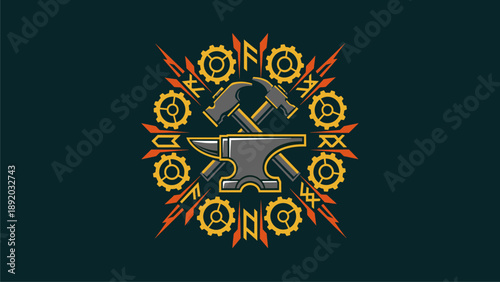 Industrial Blacksmith Anvil and Hammer Emblem with Gears and Lightning Bolts