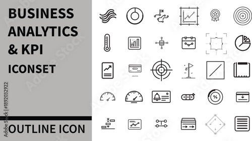 Business Analytics & KPIs Icon Set - Charts, Graphs, Dashboards, KPI Cards, Gauges, Funnels, Targets