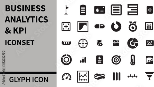Business Analytics & KPIs Icon Set - Charts, Graphs, Dashboards, KPI Cards, Gauges, Funnels, Targets