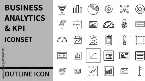 Business Analytics & KPIs Icon Set - Charts, Graphs, Dashboards, KPI Cards, Gauges, Funnels, Targets