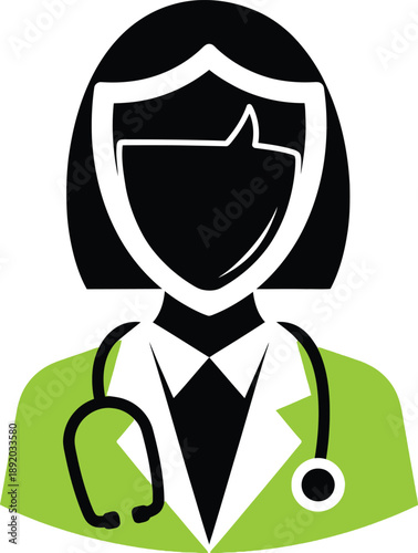 Female healthcare professional icon with a protective shield, symbolizing medical safety, expert care, and health security