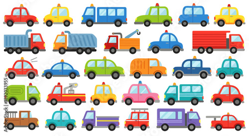 Colorful cartoon cars in a playful pattern across a transportation themed illustration.