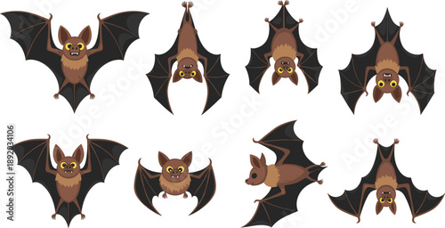 Cute Bat Vector Character Set with Flying and Hanging Poses in Cartoon Style for Halloween, Night Wildlife, and Kids Illustration Designs