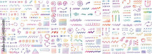 Colorful hand-drawn doodle designs featuring arrows, swirls, and shapes on a white background.