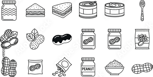 Large collection of hand drawn peanut butter jars sandwiches and snacks vector icons isolated on white background for food packaging and organic product design