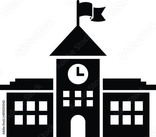 A simple black and white silhouette icon of a school building with a clock and flag, representing education and learning