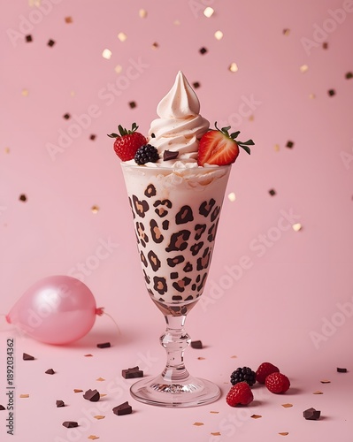Delicious strawberry ice cream sundae with whipped cream in elegant glass on pink pastel background with festive confetti accents