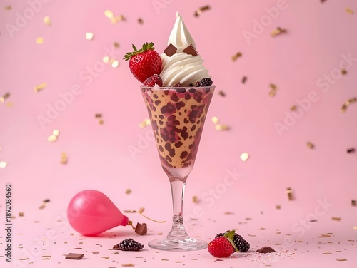 Delicious strawberry ice cream sundae with whipped cream in elegant glass on pink pastel background with festive confetti accents