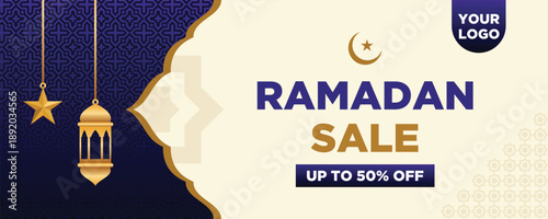 ramadan sale banner template design with cream and purple color for modern business and digital design
