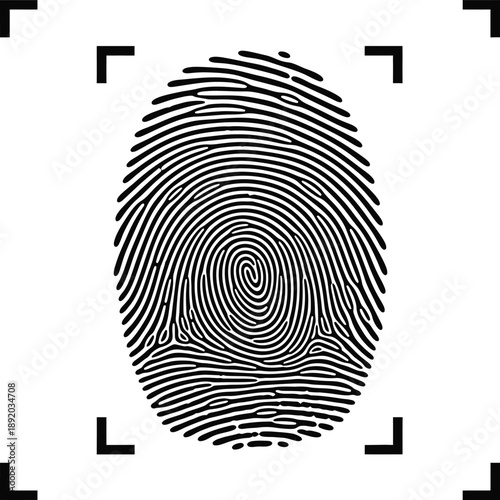 A detailed black and white illustration of a fingerprint, highlighting its unique patterns and whorls within a graphic frame, perfect for identification and security concepts
