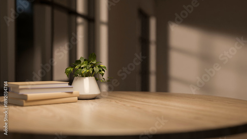 Fotografija Pile of books and potted plant on round wooden table across window in dim lit room of modern house