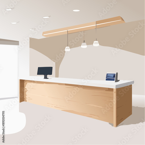 Modern minimalist reception desk in a bright office lobby. Clean wooden counter with computer and stylish hanging lights for a professional welcome area