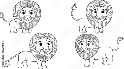 Cute cartoon lion character vector set featuring friendly jungle animals with large manes isolated on white background for children book illustration or nursery decor