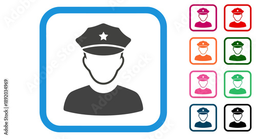 Iconic police officer avatar inside a blue framed square with color variant icons.
