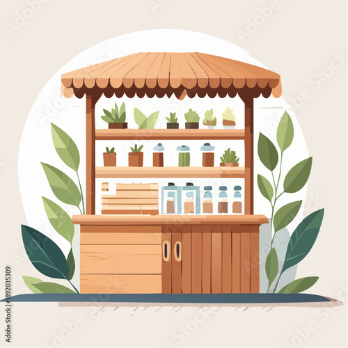 Charming wooden stall filled with plants and jars, evoking a sense of natural abundance and artisanal charm