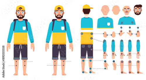 Character model sheet of a male hiker wearing a blue shirt and yellow backpack, featuring multiple views and body parts for design reference.