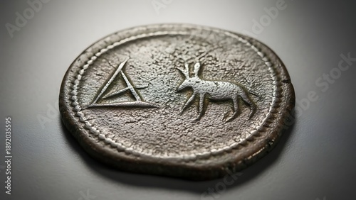 Ancient Greek or Roman coin or medallion featuring a stylized letter A and a deer-like animal, close-up.