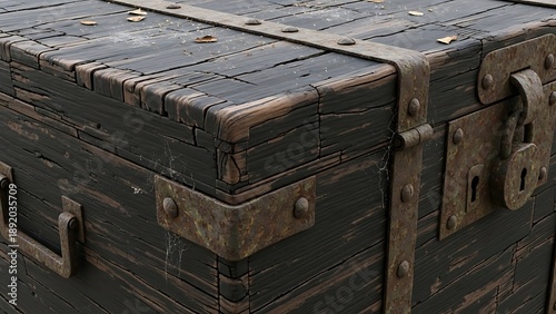 Close-up of an old, weathered wooden chest with rusty metal straps and a prominent padlock.