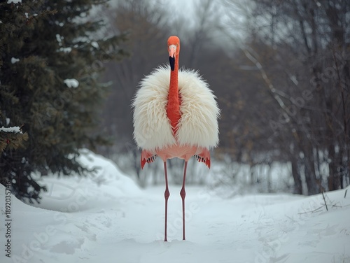 Elegant red crowned crane standing on snowy forest path in winter wilderness with dramatic wildlife portrait and natural habitat