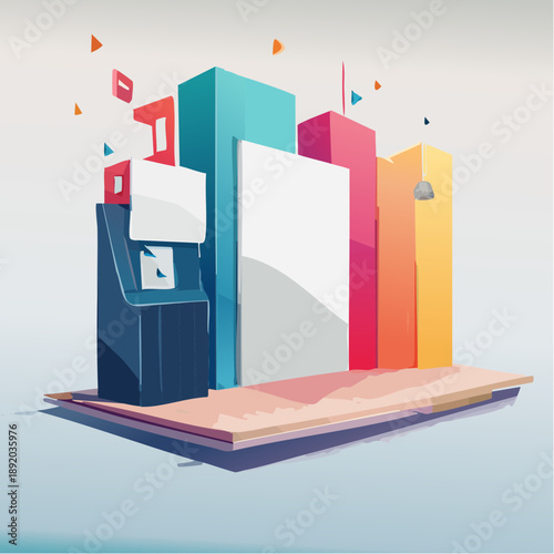 Modern city skyline with colorful abstract buildings and a service kiosk representing urban development and technological advancement