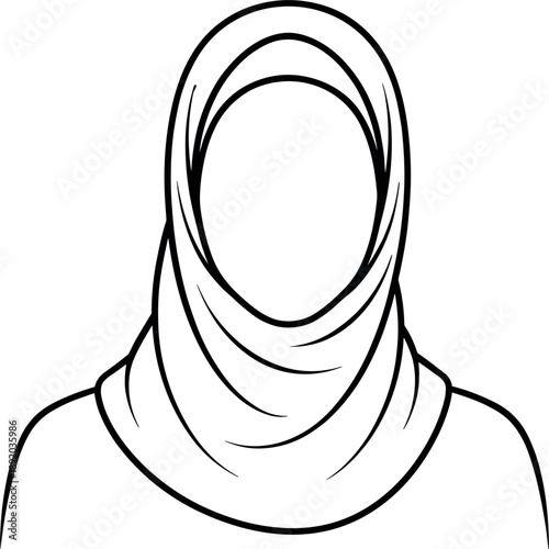 Minimalist line art vector illustration of a woman wearing a traditional hijab headscarf for inclusive fashion diversity religious identity and cultural representation graphic design