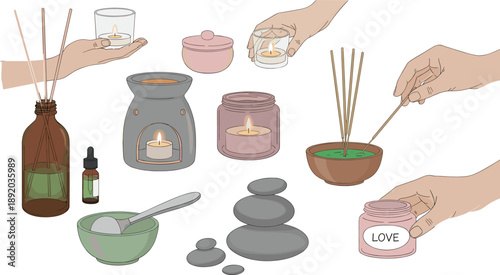 Aromatherapy and Self Care Vector Illustration with Candles, Essential Oils, Incense, Stone Balance, Hands, and Relaxation Ritual Elements