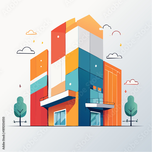 Vibrant modern architectural illustration featuring abstract geometric shapes and colorful blocks, symbolizing urban innovation and contemporary development with a playful, stylized design concept