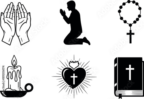 Set of religious and spiritual icons featuring praying hands a person kneeling rosary beads candle holy bible and sacred heart symbols for faith and worship