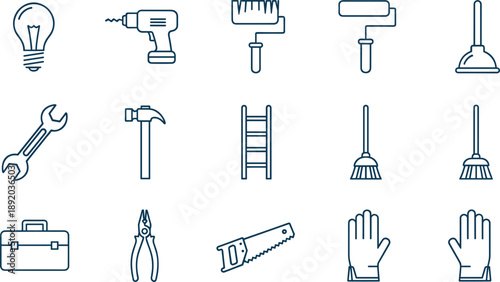 Set of minimalist linear icons for construction home repair and DIY projects featuring hammer drill saw wrench toolbox and various hardware tools on white background.