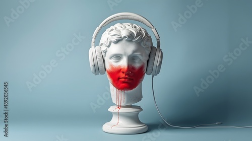 Classical marble bust wearing modern headphones with red paint on lips, surreal contemporary art concept blending music culture and ancient sculpture