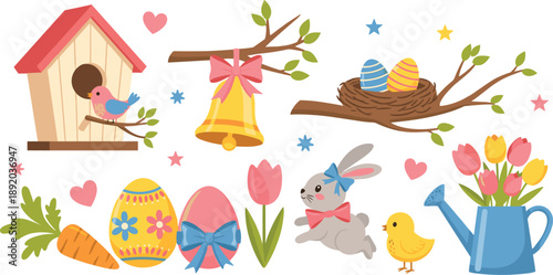 Cute Easter Spring Vector Illustration with Bunny, Decorated Eggs, Birdhouse, Flowers, Nest, Bell, and Seasonal Holiday Elements for Kids Designs