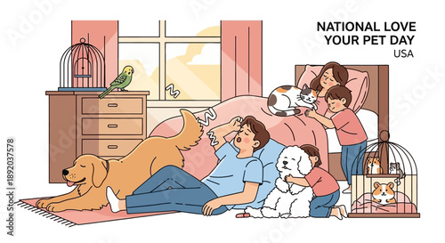 Illustration of a woman and a girl with pets on National Love Your Pet Day in a cozy bedroom with a warm atmosphere.