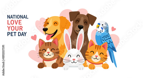 Illustration of a group of pets including a dog, cat, rabbit, and bird celebrating National Love Your Pet Day with a veterinarian or doctor in a sketch style.