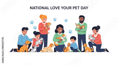 Illustration of diverse people with their pets on National Love Your Pet Day in a colorful, lively sketch style with a joyful mood.