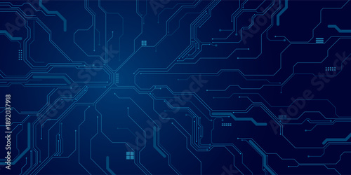 Abstract AI circuit board background. Technology connected blue lines with electronics elements on tech bg. Computer motherboard with a chip, processor, and semiconductor. Digital vector illustration