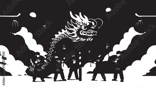 Bold silhouettes of dragons in a stark black and white ink illustration.