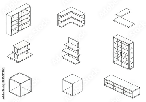 Collection of modern shelving units and display furniture in isometric perspective for retail and commercial spaces layout architecture icons