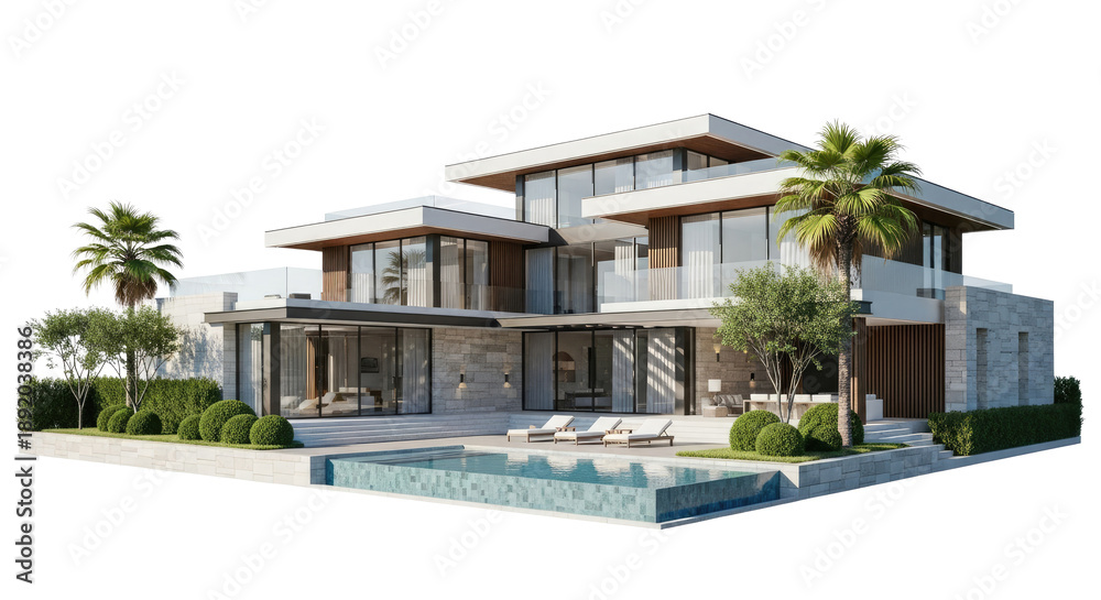 Fototapeta premium A modern, luxurious house with a pool and palm trees.