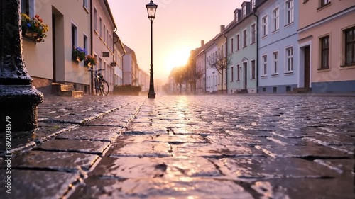 Wet Cobblestone Street At Sunrise Between Historic Buildings.