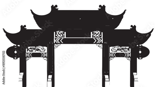 Silhouette of a traditional Asian temple gate with ornate arches and curved rooflines.