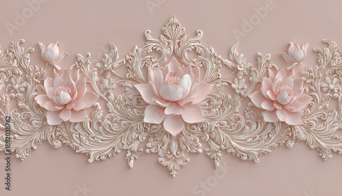 Ornate three dimensional floral molding embellishment features delicate pink blossoms against a muted background.