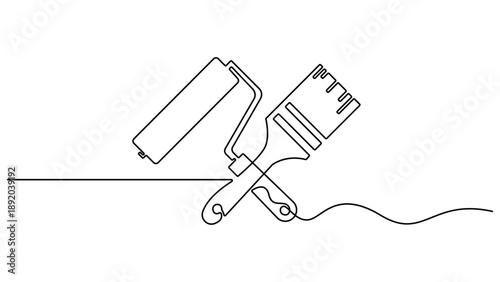 Continuous line drawing of Painting Service Icon. Single line drawing illustration of Paint Brushes or rollers. Line drawing of Brush or roller for painting. Hand drawn symbol vector illustration