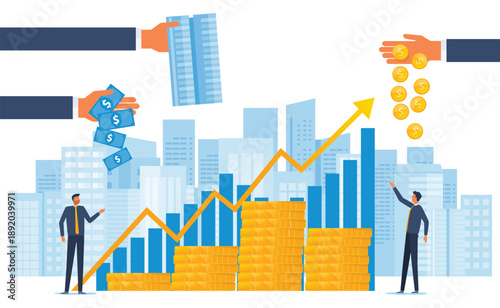 flat vector design concept business real estate investment. property investment. with Real estate investors team working planning and analysis financial graph for invest
