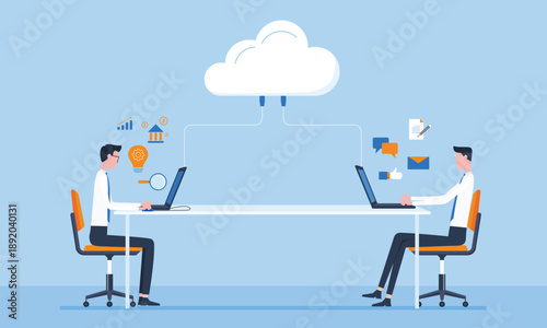 flat vector illustration design technology cloud computing server concept. business team working and device connected to cloud server. People work in collaboration.