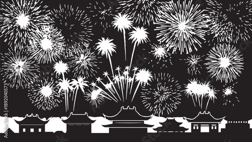 Dazzling Night Sky Fireworks Over Urban Cityscape with Silhouetted Rooftops.