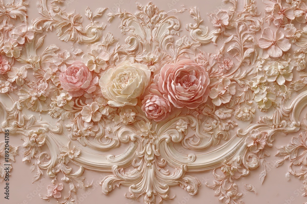 Fototapeta premium Intricate three dimensional plaster molding features detailed carved flowers and swirling baroque ornamentation in soft pastel tones